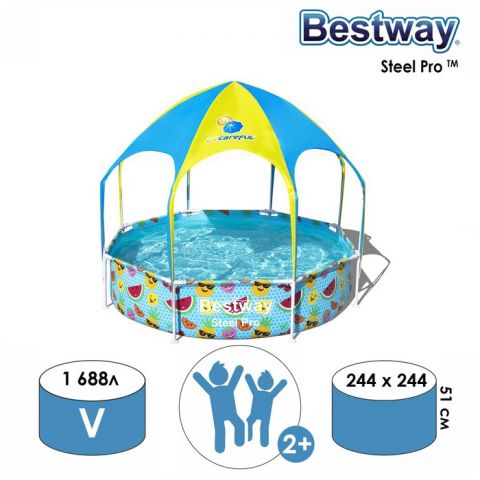 Бассейн каркасный Bestway Steel Pro, с навесом, 244 х 51 см